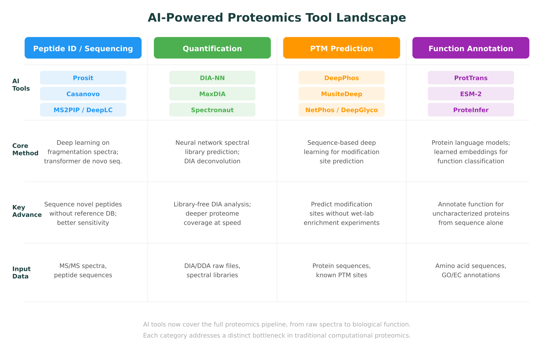 AI proteomics tool landscape showing tools for peptide identification, quantification, PTM prediction, and function annotation