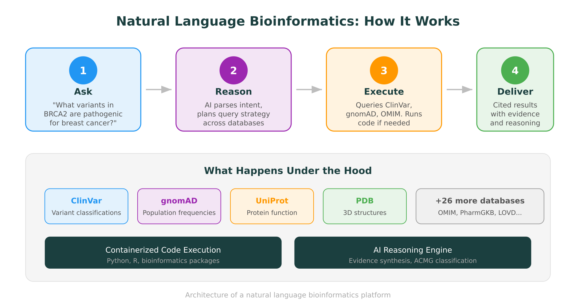 How a natural language bioinformatics query flows through reasoning, database queries, code execution, and evidence delivery