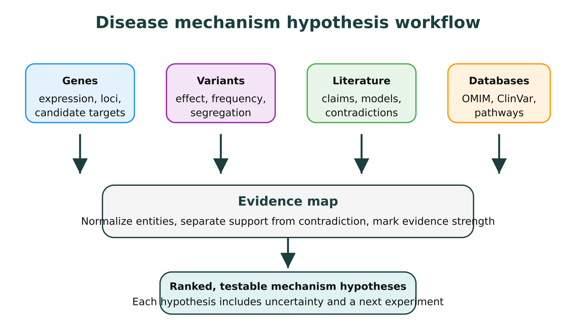 Disease mechanism hypothesis workflow from genes, variants, literature, and databases to ranked hypotheses